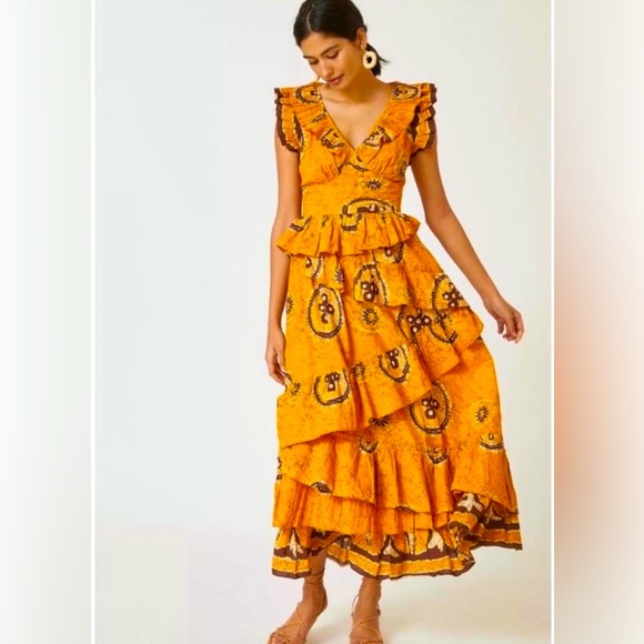 Love the Label/ Anthropologie Vibrant Orange Ruffled Maxi Dress. Size S.